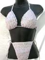 Needle work sequins bikini creamy white bra top with bow tie on neck and thong side