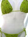 Beaded sequin details bikini crochet bra top set with green color design and tie on neck and behind back