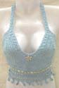 Handicraft knitting baby blue crochet dangle top with seashell design, tie on neck and back
