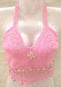 Handicraft knitting pink crochet dangle top with seashell design, tie on neck and back