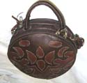 Circular PVC deep brown handle canteen purse with leaf pattern design