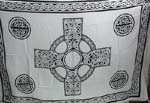 White Batik rayon sarong with Celtic cross pattern at center and Celtic knot work pattern on each corner